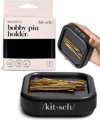 Picture of Kitsch Magnetic Bobby Pin Holder - Black, 1 Pc | Cute Stuff, Strong Magnetic Pin Holder for Desk & Vanity, Securely Holds Metal Hair Clips, Bobby Pins & Paper Clip