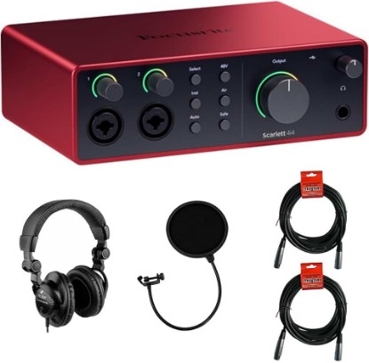 Picture of Focusrite Scarlett 4i4 USB-C Audio/MIDI Interface (4th Gen) Bundle with Polsen HPC-A30 Studio Monitor Headphones, Pop Filter and 2x XLR- XLR Cable