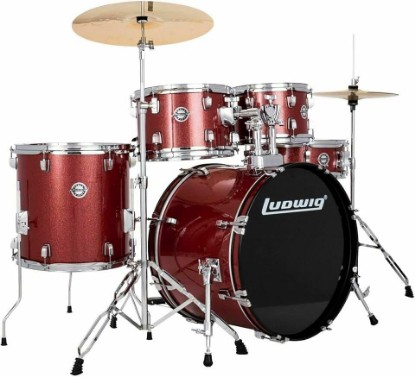 Picture of Ludwig Accent Drive 5-Pc Drum Set, Red Sparkle - Includes: Hardware, Throne, Pedal, Cymbals, Sticks & Drumheads