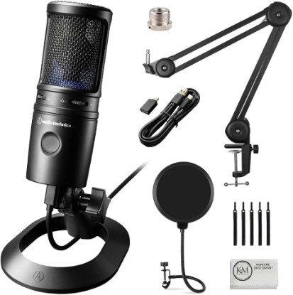 Picture of Audio-Technica AT2020USB-X Cardioid Condenser USB Microphone with Microphone Arm + Wind Screen Pop Filter + Cleaning Cloth (4 Items)