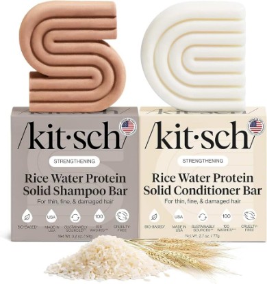Picture of Kitsch Rice Water Solid Shampoo and Conditioner Set for Hair Growth – 2 pcs | Strengthening Hair Care Duo w/ Rice Protein & Vitamins for Damage Repair – Paraben, Sulfate & Silicone Free, Made in USA [Amazon-developed Certification] Compact by Design