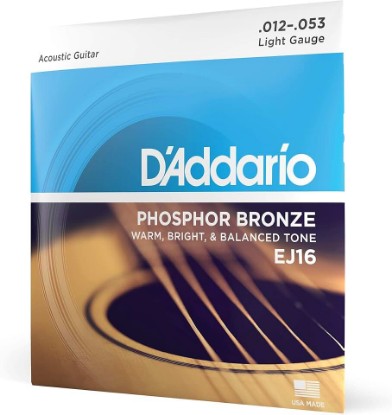 Picture of D'Addario EJ16 Phosphor Bronze Acoustic Guitar Strings, Light 12-53 Set | Phosphor bronze acoustic guitar strings offer warm, bright, balanced tone, reliable intonation, durable feel and playability.