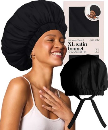 Picture of Kitsch XL Satin Bonnet for Sleeping - Black | Softer Than Silk Bonnet For Sleeping Women - Secure Fit, Adjustable & Prevents Breakage Hair Bonnet For Sleeping
