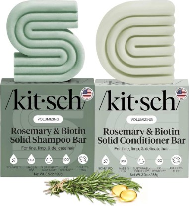 Picture of Kitsch Rosemary & Biotin Shampoo and Conditioner Set for Hair Growth | Strengthening, Thickening Hair Care – Volumizing Shampoo and Conditioner Bar – Paraben, Sulfate & Silicone Free – 2 pack [Amazon-developed Certification] Compact by Design