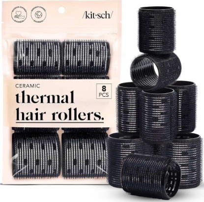 Picture of Kitsch Ceramic Hair Rollers for Women - Black, 8 Count (Pack of 1) | Self-Grip Hair Curlers for Heatless Overnight Curls, Frizz-Free Hair Roller, Volumizing Large Rollers for All Hair Types