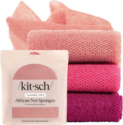 Picture of Kitsch African Net Sponge – Exfoliating Body Scrubber – Berry Pink, 3 Pcs | for Cleansing & Gentle Daily Exfoliation – Stretchable Bath Sponge for Hard-to-Reach Areas – Long-Lasting Shower Essential