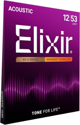 Picture of Elixir Strings, Acoustic Guitar Strings, 80/20 Bronze with NANOWEB Technology, Longest-Lasting Bright and Focused Tone For Life with Comfortable Feel, 6 String Set, Light 12-53