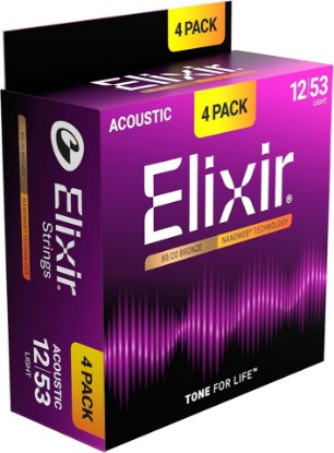 Picture of Elixir Strings, Acoustic Guitar Strings, 80/20 Bronze with NANOWEB Technology, Longest-Lasting Bright and Focused Tone with Comfortable Feel, 4 Pack, Light 12-53