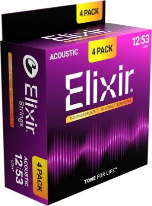 Picture of Elixir Strings, Acoustic Guitar Strings, Phosphor Bronze with NANOWEB Technology, Longest-Lasting Rich and Full Tone with Comfortable Feel, 4 Pack, Light 12-53