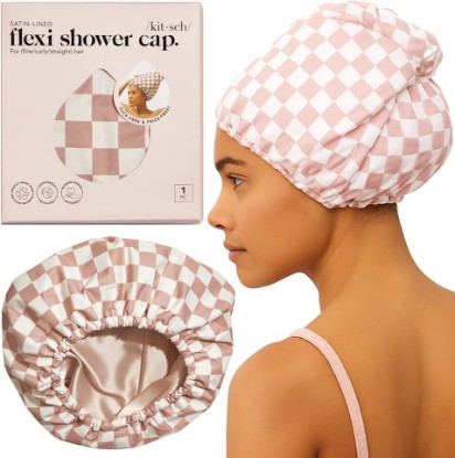 Picture of Kitsch Luxury Satin-Lined Flexi Shower Cap for Women - Terracotta Checker | Shower Caps for Women Reusable Waterproof - Non-slip, Comfortable Quick-dry Hair Shower Cap for All Hair Types OEKO-TEX STANDARD 100