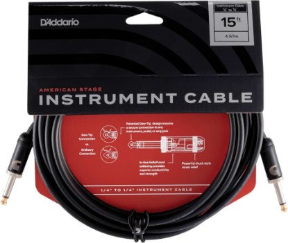 Picture of D'Addario Guitar Cable - American Stage - Made in the USA - Geo Tip for Secure Connection - 1/4 Inch Male to 1/4 Inch Male - 15 Feet - Straight Ends - 1 Pack