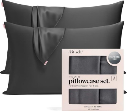 Picture of Kitsch Satin Pillowcase with Zipper - 2 pcs Standard Size, Charcoal | Softer Than Silk Pillow Cases, Smooth Cooling Satin Pillow Case for Hair and Skin, Wrinkle-Free, Machine Washable