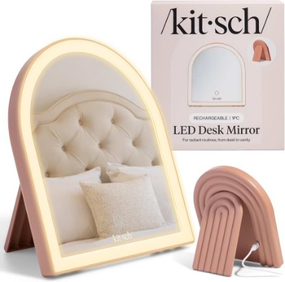 Picture of Kitsch Arch Desk Vanity Mirror with Lights - Terracotta | LED Makeup Surface, Touch Sensor Dimmable Warm Neutral Cool Glow, Rechargeable Desk Mirror with Kickstand for Travel