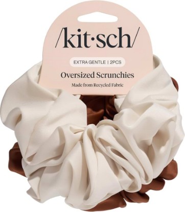 Picture of Kitsch Recycled Satin Oversized Scrunchies - Camel & Cream, 2pcs | Wake Up Frizz-Free, No Crease Large Hair Ties, Softer Than Silk Scrunchies, Stylish Hair Accessories For All Hair Types