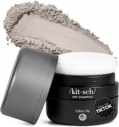 Picture of Kitsch Volumizing Rice Protein Dry Shampoo For Women Powder Puff - Dark, 8g | Absorbs Oil, Non-Greasy, Great For Dark Hair – Unscented – Travel Size Dry Hair Shampoo for Women & Men, No White Cast