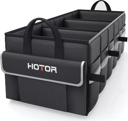 Picture of HOTOR Trunk Organizer - Collapsible Car Organizer for SUV, Sedan & Van | with 5 Pockets, Car Organization with Sturdy Base Panel for Car Accessories, Black, 2 Compartments, 21.3" x 12.6" x 10.6"
