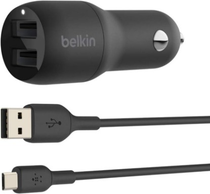 صورة Belkin 24 Watt Dual USB Car Charger - 2 12W USB A Ports with Micro-USB Cable for Fast Charging Apple iPhone 14, 14 Pro, 14 Pro Max, iPhone 13, Samsung Galaxy, AirPods & More - USB-C Charger