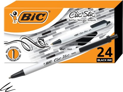 Picture of BIC Clic Stic Black Retractable Ballpoint Pens, Medium Point, 24-Count | 1.0 Mm Tip Size | Break-Resistant Clip | Comfortable Round Barrel | Reliable for Office or Home Use