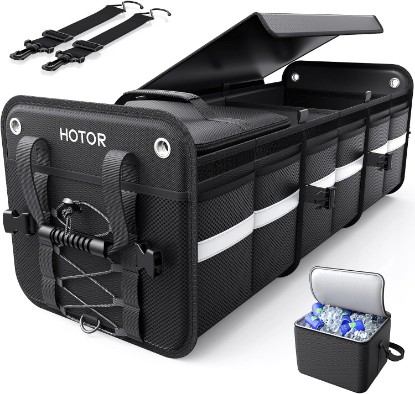 Picture of HOTOR Trunk Organizer - Car Organizer and Storage with Cooler Bag for SUV | 3-Compartment, Foldable Car Storage for SUV with Handles & Strap for Shopping, Picnic, Camping, Black, 33.1" x 13.0" x 11.8"