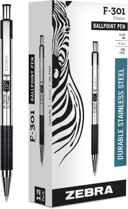 Picture of Zebra Pen STEEL F-301 Retractable Ballpoint Pen, Black Ink, 0.7mm, 12-Pack | Stainless Steel Barrel, Non-Slip Grip, Easy-Glide Ink, Fine Point, Professional Design, Ideal for Journals & Planners (27110)