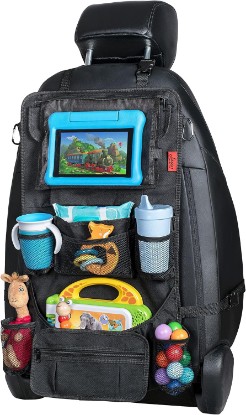 Picture of Lusso Gear Backseat Car Organizer- Kick Mat Protects Against Kids Feet - 12 Large Storage Pockets - iPad,Tablet, Water Bottle Holder- Durable, Heavy Duty Road Trip Essential (Black)