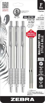 Picture of Zebra Pen STEEL F-701 Retractable Ballpoint Pen, Black Ink, 0.8mm, 3-Pack | Built for Tactical / EDC Use, Stainless Steel, Knurled Grip, Heavy-Duty Construction, Fine Point Tip, Plus Refills (29412)