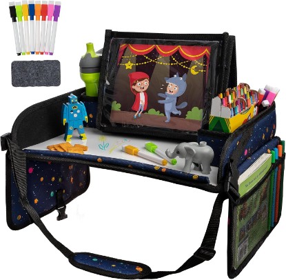 Picture of Lusso Gear Car Seat Activity Tray - Dry-Erase Top & Toddler Travel Essential - Mesh Pockets & Car Back Seat Organizer - Cup Holder & Road Trip Essentials for Kids - 600D Oxford Material