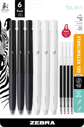 Picture of Zebra Pen bLen White and Black Retractable Gel Pen, Black Ink, 0.7mm, 6-Pk | Rapid-Dry Ink, Low-Vibration Stable Writing, Refillable, Medium Point Tip, + Refills, Ideal Office & School Supplies (41416)