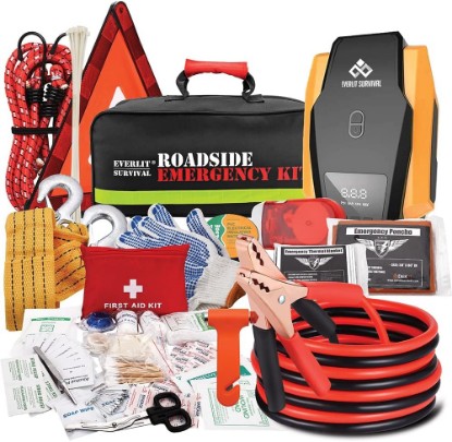 صورة EVERLIT Survival Car Emergency Kit, Roadside Safety Tool Kit with Gloves,Digital Auto Air Compressor Tire Inflator, First Aid Kit, 12 Feet Jumper Cable, Tow Strap, Flashlight for Women, Men, Teenagers