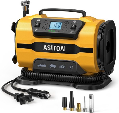 Picture of AstroAI Tire Inflator Portable Air Compressor, 12V DC/120V AC Dual Power | Fast-Inflating Air Pump with Dual Metal Motors, 150PSI Digital Gauge for Car, SUV, Bike Tires & Air Mattresses, Yellow