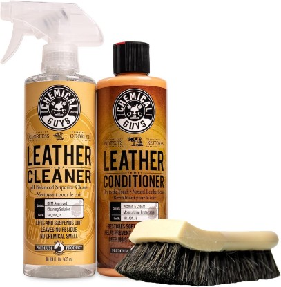 Picture of Chemical Guys Leather Cleaner and Conditioner Kit with Brush | Horse hair brush for car, furniture, jackets, and shoes, 3-item leather care bundle, 3 piece leather care kit with brush