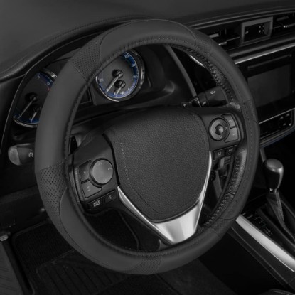 Picture of Motor Trend Perforated Microfiber Leather Steering Wheel Cover for Cars Trucks SUVs Vans, Sporty Racing Improved Grip Anti-Fatigue Ergonomic Design, Airbag Compatible - Fits Standard 15" Inch - Black