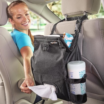 Picture of High Road Car Trash Can and Tissue Holder, Hanging Trash Bag Seat Organizer | Covered and Leakproof Car Trash Bag with Full Size Tissue Box Holder and 2 Side Pockets for Bottles, Flasks and Wipes