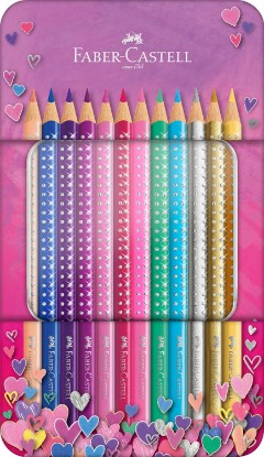 Picture of Faber-Castell Sparkle Colour Pencils - Tin of 12 | Triangular and shatterproof coloured pencils in glitter design for children and adults The Forest Stewardship Council