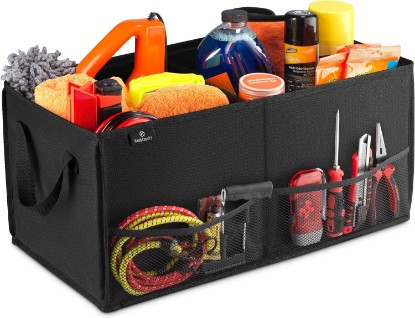 صورة Handy Laundry Car Trunk Organizer – Large 2 Compartment Storage Bin with Non-Slip Fastener, Mesh Side Pockets & Heavy-Duty Handles, 22 x 10 x 11 in, Black – Prevents Shifting & Rolling