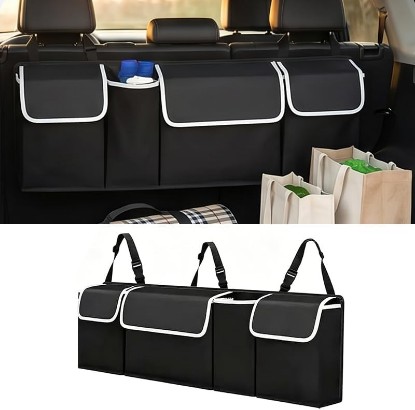 Picture of Car Trunk Organizer for SUV, Collapsible Hanging Back Seat Car Organizer with 4 Pockets, Waterproof Universal Folding Storage Bin with Securing Straps for Road Trip, Tools, and Vehicle Essentials