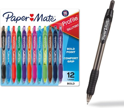 Picture of Paper Mate Profile Retractable Ballpoint Pens, Bold Point (1.4mm), Assorted Colors, 12 Count - Back to School, Office, Teacher Supplies