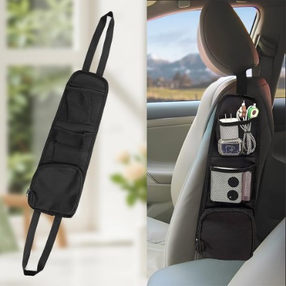 Picture of Car Seat Storage Hanging Bag, Multi-Pocket Organizer, Holds Phones, Black | Waterproof, for Cars, SUVs, Trucks, and Wallets. For home, office, commuting, travel, device storage, and daily electronics.