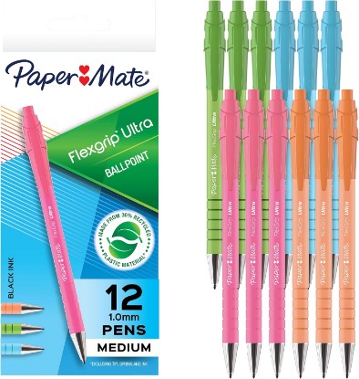 Picture of Paper Mate FlexGrip Ultra Ballpoint Pens, Made from Recycled Plastic Materials, Assorted Barrel Colors, Medium Point (1.0mm), Black Ink, 12 Count