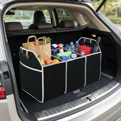 Picture of 1Pc Universal Car Trunk Organizer, Portable Foldable Auto Storage Bag With 3 Compartments, Suitable for SUV, Truck, Black
