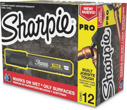 Picture of Sharpie Pro Permanent Markers, Anti-Roll Barrel, Chisel Tip, Black, 12 Count - Marks on Wet and Oily Surfaces