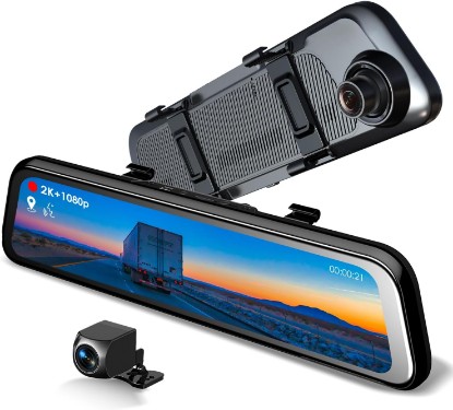 Picture of RexingUSA M1 Pro 2K Dual Mirror Dash Cam – 1440p Front + 1080p Rear, 10” IPS Touchscreen, Stream Media, Night Vision, Parking Monitor, Waterproof Backup Cam, Supports 256GB