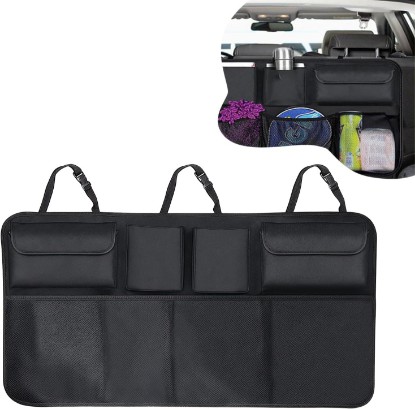 Picture of Car Trunk Organizer, Hanging Large Backseat Car Organizer Storage Bag Black | Collapsible Cargo Storage Organizer with 4 Pocket & 4 Mesh Pouches, Oxford Cloth, Car Interior Accessories for SUV, Truck