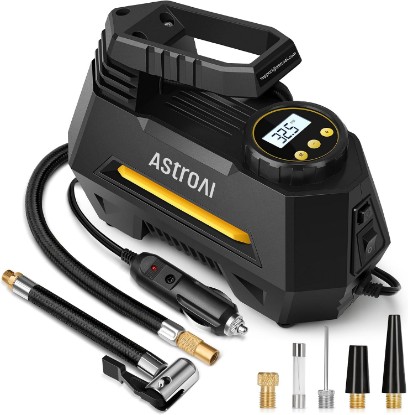 Picture of AstroAI AIRUN H Tire Inflator Portable Air Compressor, 12V DC Tire Inflator, Auto Shut-Off with Digital Pressure Gauge & LED Light, Fast Inflation for Car, Motorcycle, Bike Tires, 9.8Ft Cord, Yellow