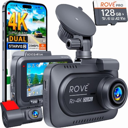 Picture of ROVE R2-4K Dual Dash Cam Front and Rear, STARVIS 2 Sensor, Free 128GB Card | 4K Upscaled Front + FHD Rear Recording, 5.8GHz WiFi, 20MB/s Download Speed, App, GPS, 3" IPS, 24Hr Parking Mode, Night Vision