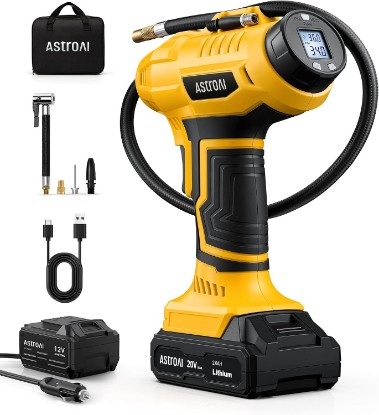 Picture of AstroAI Cordless Tire Inflator Portable Air Compressor 160PSI 12VDC Battery | Dual Power Supply Auto Shut-Off Digital Pressure Gauge Fast Inflation Air Pump for Cars Motorcycles Bikes Ball Gift Yellow