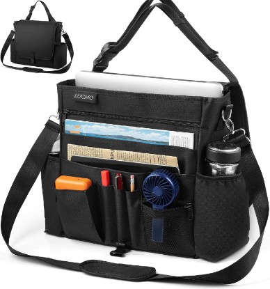 صورة LUCMO Car Seat Organizer with Tablet and Laptop Compartment, Multiple Pockets Truck Front Seat and Backseat Organizer, Portable Large Capacity Office Bag with Adjustable Strap and Hardened Buckles