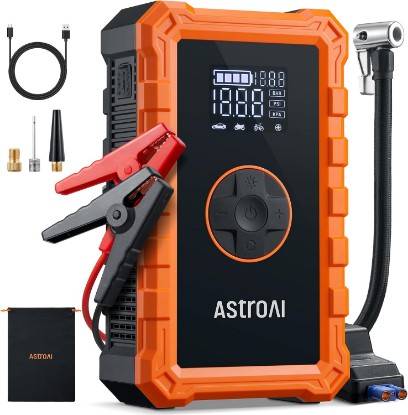 Picture of AstroAI S8 Air 3000A Jump Starter with Air Compressor, 12V Jump Box | Car Battery Booster Pack for 9L Gas/6.5L Diesel - 150PSI Auto-Off Tire Inflator - 2.4" Large Screen - Power Bank & LED Light