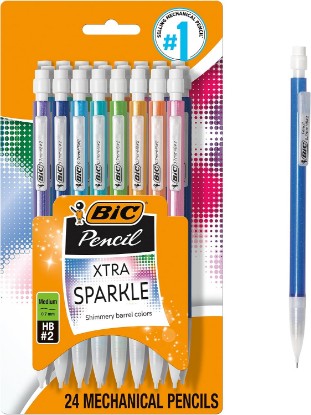 Picture of BIC Xtra-Sparkle Number 2 Mechanical Pencils, 24-Count Pack, 0.7mm Point | Colorful Sparkle Barrels, Multicolor Design, Ideal for School Supplies, Smudge-Resistant Lead, Medium Point, Erasers
