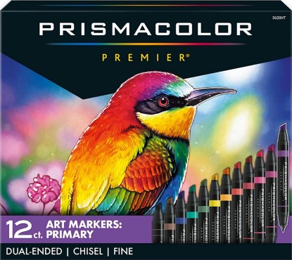 Picture of Prismacolor Premier Dual-Ended Art Markers, Chisel and Fine Tips, Primary Colors, 12 Count - Art Supplies, Alcohol-Based Ink, Coloring, Creative, Artist, Adult Coloring
